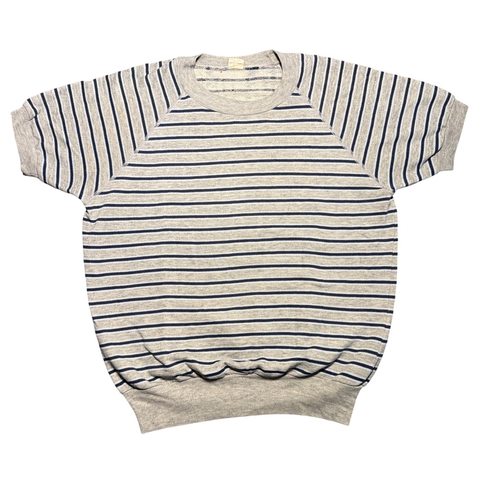 Vintage Grey Navy Striped Short Sleeve Sweatshirt Raglan 60s 70s Mens Medium